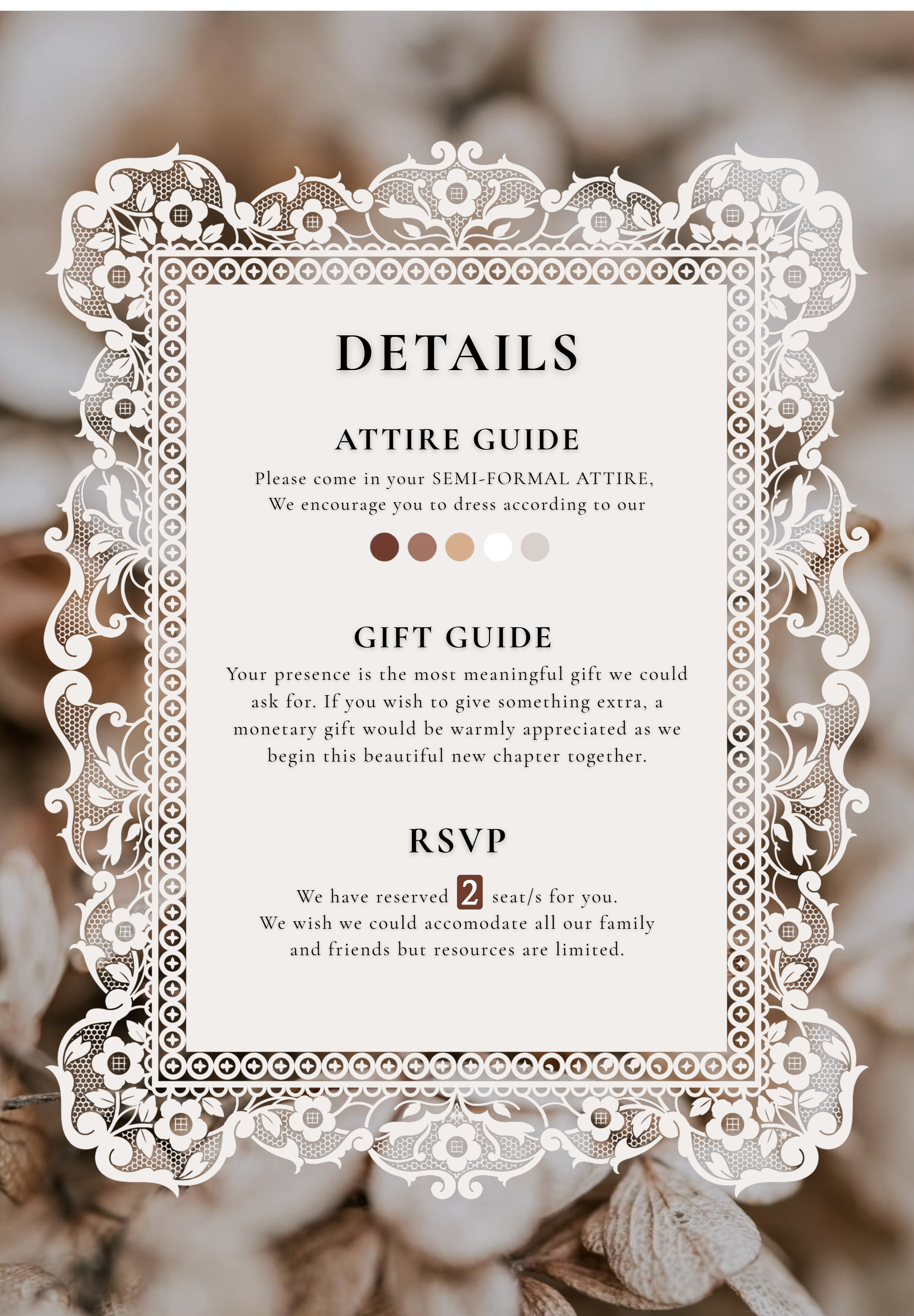 Wedding Details, Attire Guide, Gift Guide, RSVP